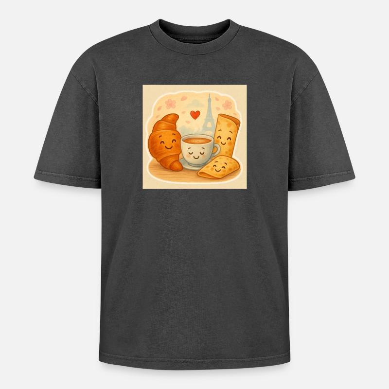 Paris Breakfast Cuddle - Oversized Unisex Premium Acid-Washed T-Shirt - acid washed black