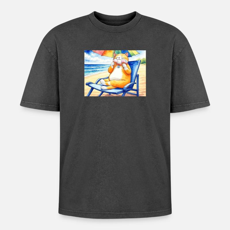 Katze am Strand mit Eiscreme - Oversized Unisex Premium Acid-Washed T-Shirt - acid washed black