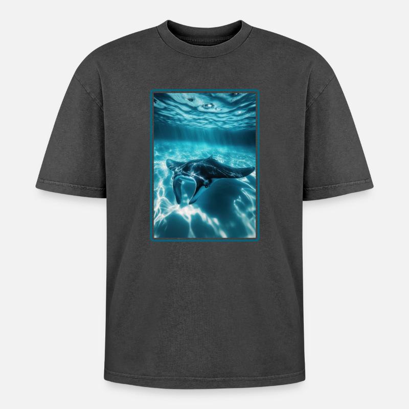 Rochen Mantarochen - Oversized Unisex Premium Acid-Washed T-Shirt - Schwarz Acid Wash