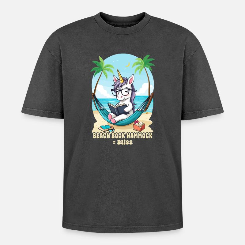 Einhorn mit Buch - Oversized Unisex Premium Acid-Washed T-Shirt - Schwarz Acid Wash
