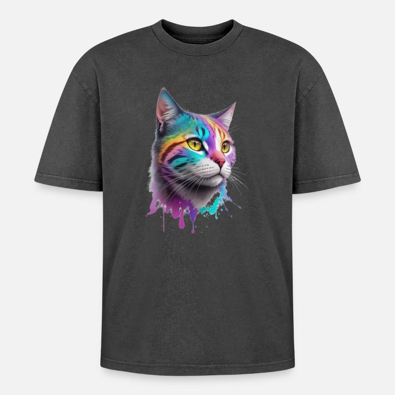 Katze - Oversized Unisex Premium Acid-Washed T-Shirt - Schwarz Acid Wash