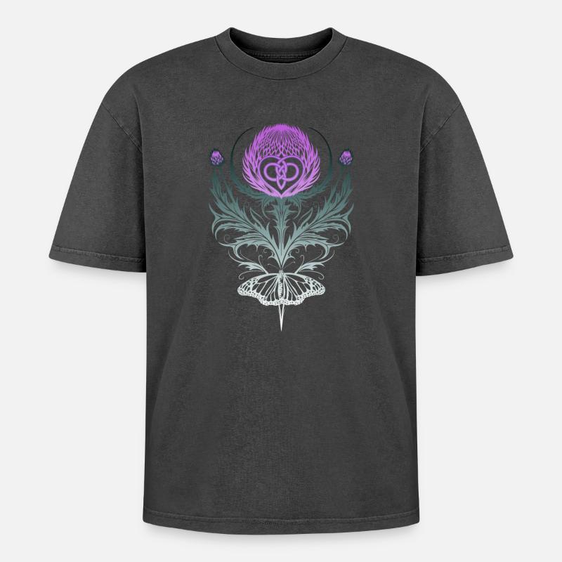 Distel mit Schmetterling Mutterknoten - Oversized Unisex Premium Acid-Washed T-Shirt - Schwarz Acid Wash