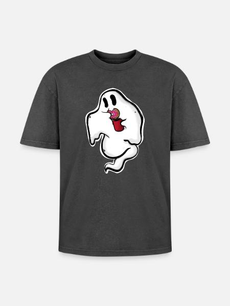 Ghost with donut and cup - Oversized Unisex Premium Acid-Washed T-Shirt - acid washed black