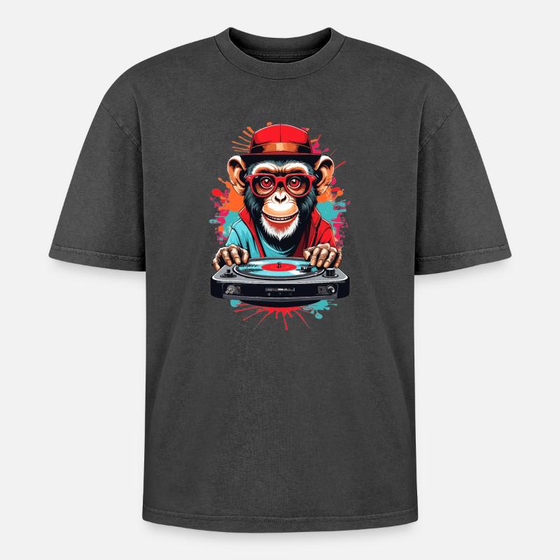 Monkey DJ - Oversized Unisex Premium Acid-Washed T-Shirt - acid washed black