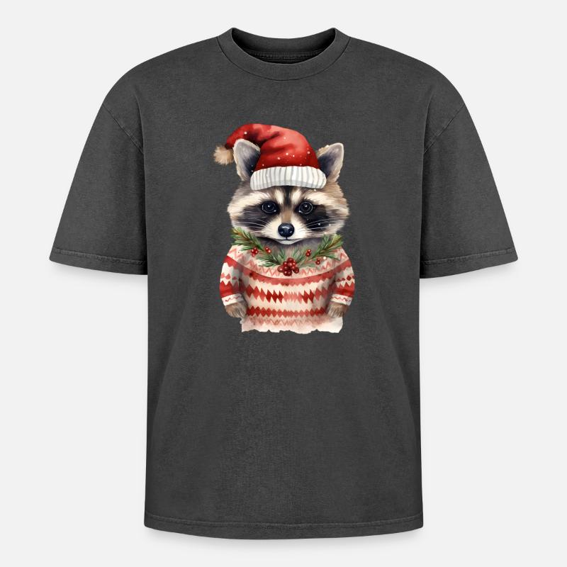 Waschbär Weihnachtspullover - Oversized Unisex Premium Acid-Washed T-Shirt - Schwarz Acid Wash