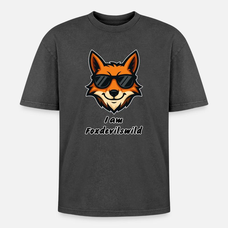 Foxdevilswild - I am Foxdevilswild - be cool - Oversized Unisex Premium Acid-Washed T-Shirt - Schwarz Acid Wash
