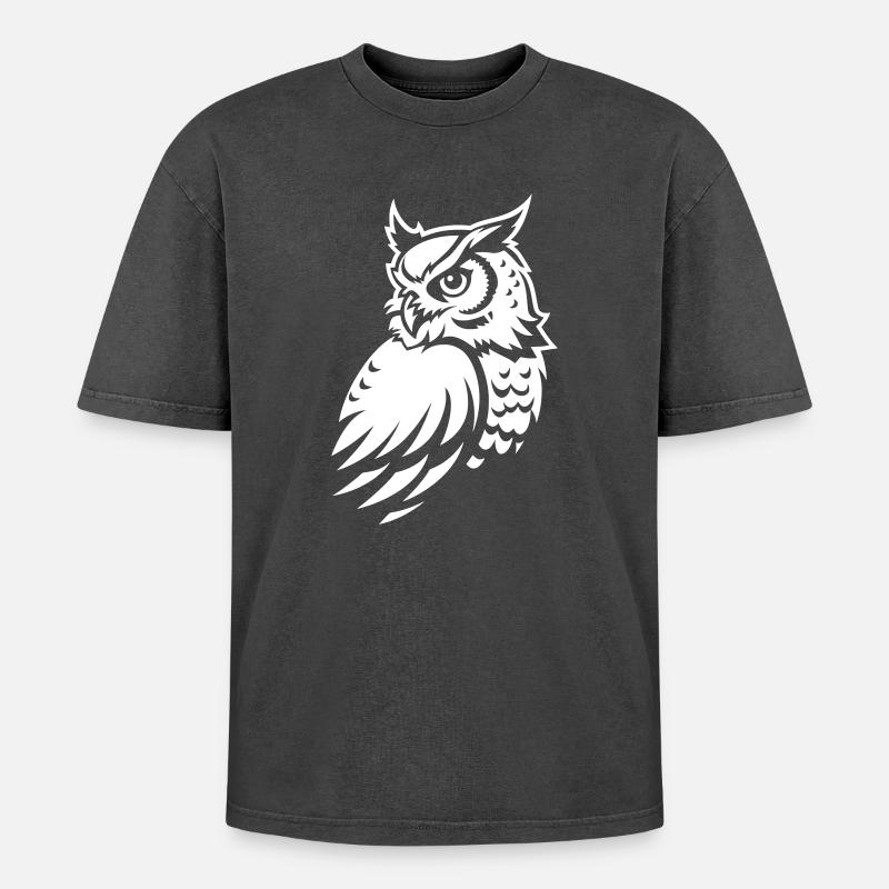 Wachsame Eule – Tattoo Silhouette - Oversized Unisex Premium Acid-Washed T-Shirt - Schwarz Acid Wash
