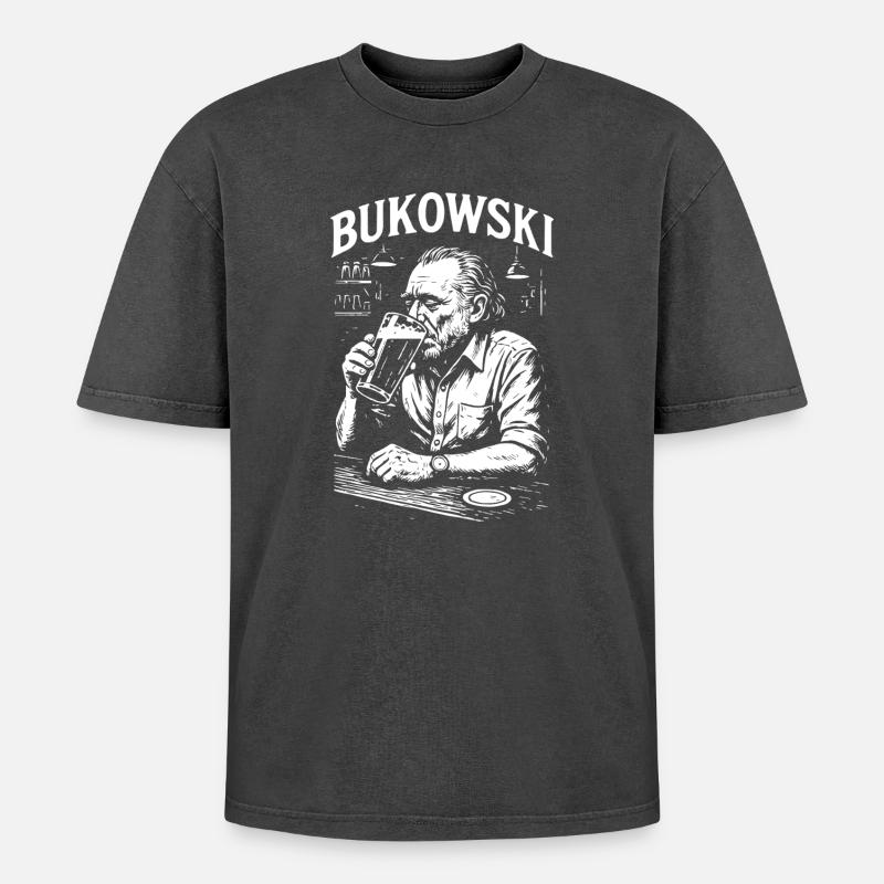Charles Bukowski Bar Portrait - Oversized Unisex Premium Acid-Washed T-Shirt - acid washed black
