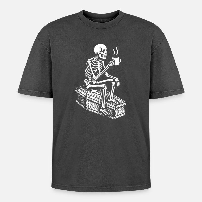Skeleton drinking espresso - Oversized Unisex Premium Acid-Washed T-Shirt - acid washed black
