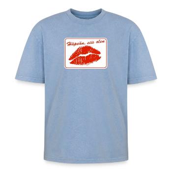 I'm ashamed, so I'm - Oversized Unisex Premium Acid-Washed T-Shirt - acid washed blue - Front - AI Model Female 172 dark (172cm) & AI Model Male 185 dark (185cm)