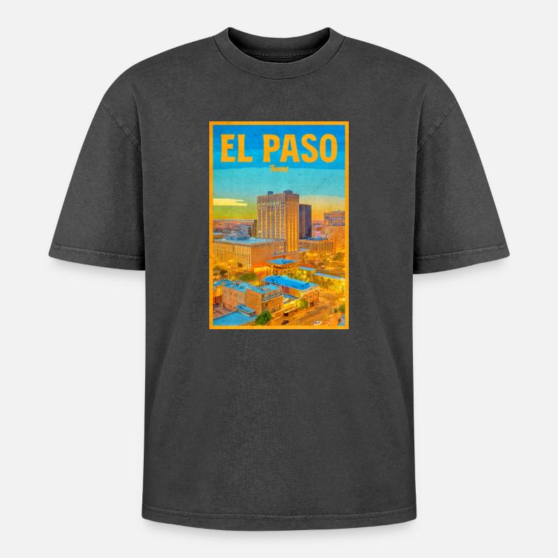 El Paso Skyline Retro - Oversized Unisex Premium Acid-Washed T-Shirt - Schwarz Acid Wash