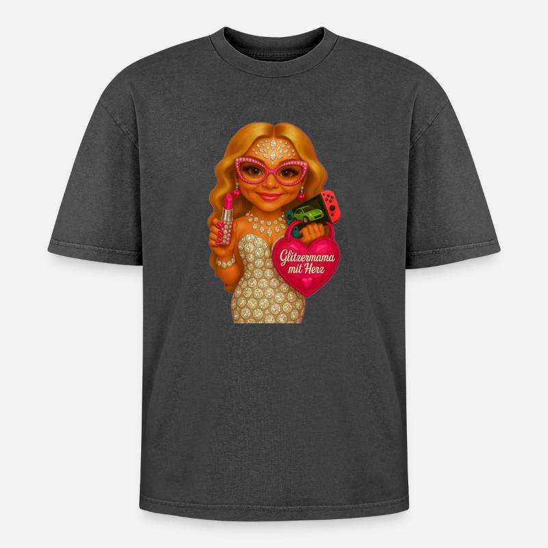 GlitzerMama mit Herz - Oversized Unisex Premium Acid-Washed T-Shirt - Schwarz Acid Wash