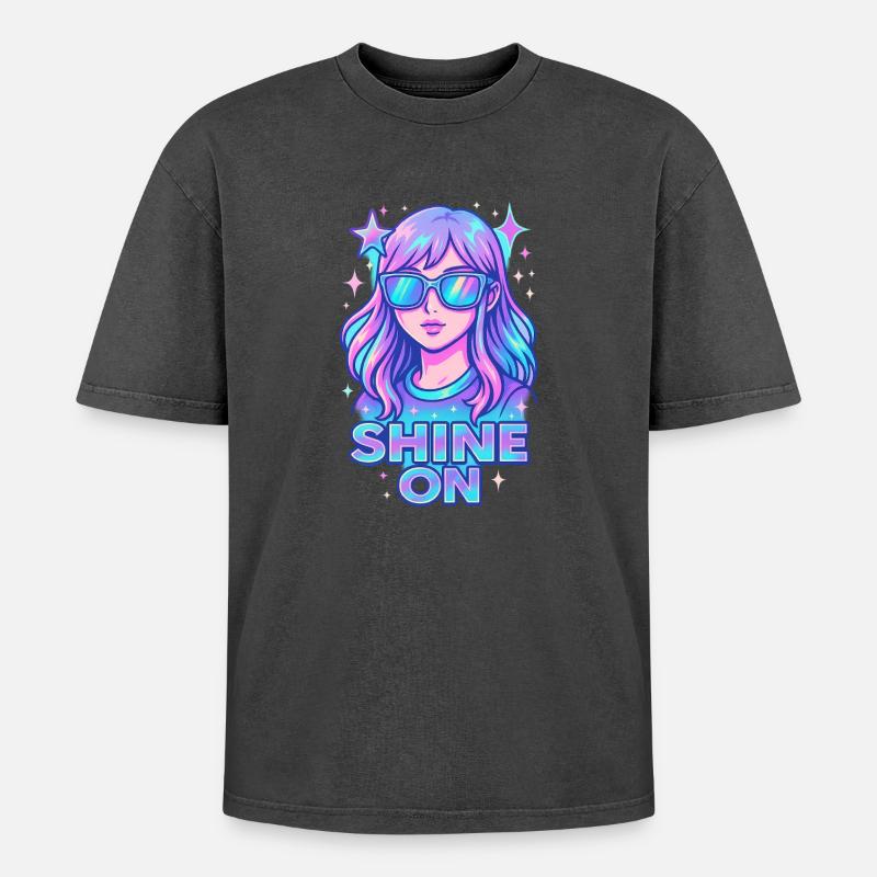 Kosmische Träumerin Mädchen Illustration - Oversized Unisex Premium Acid-Washed T-Shirt - Schwarz Acid Wash