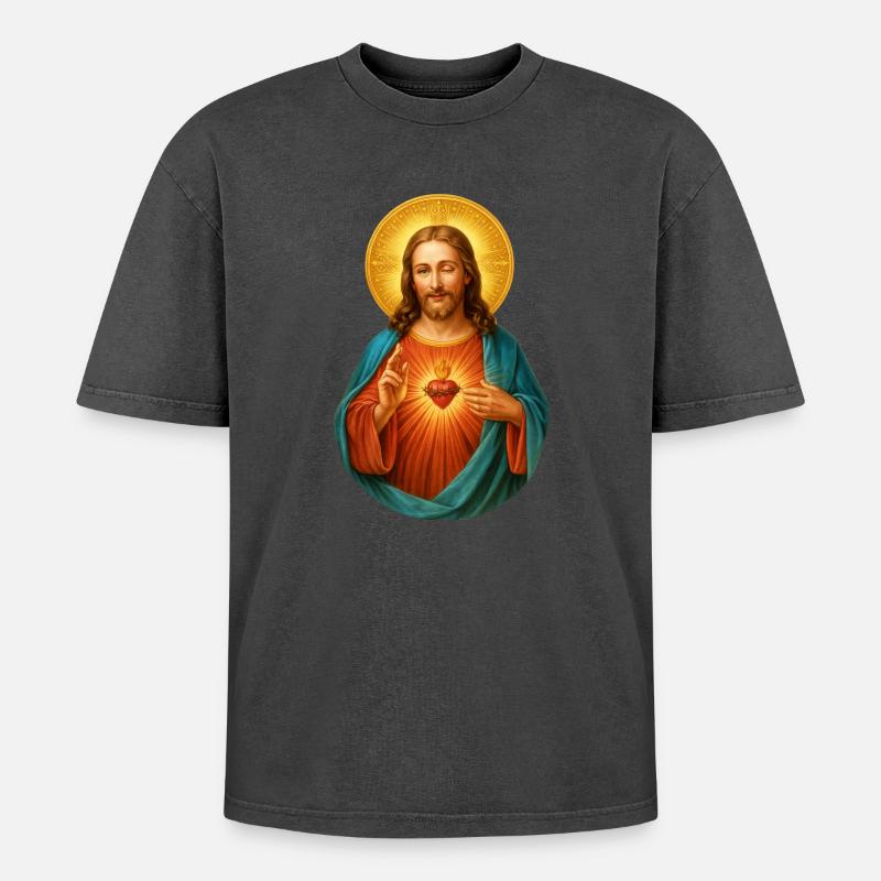 Zwinkernder Jesus Herz Jesu Strahlendes Heilsbild - Oversized Unisex Premium Acid-Washed T-Shirt - Schwarz Acid Wash