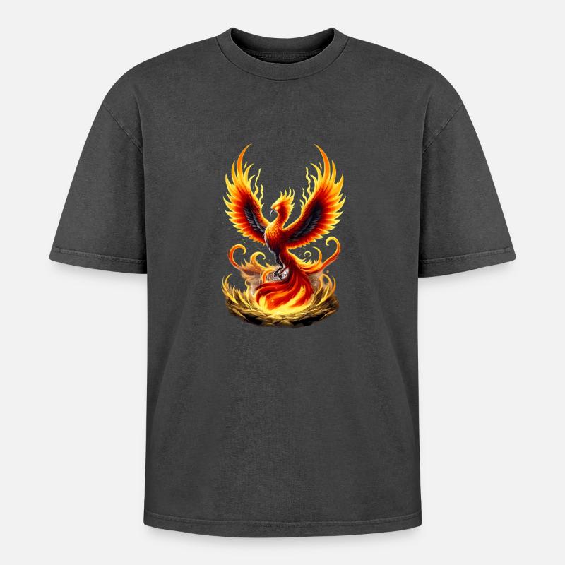 Fire Phoenix Flame Vortex - Oversized Unisex Premium Acid-Washed T-Shirt - acid washed black