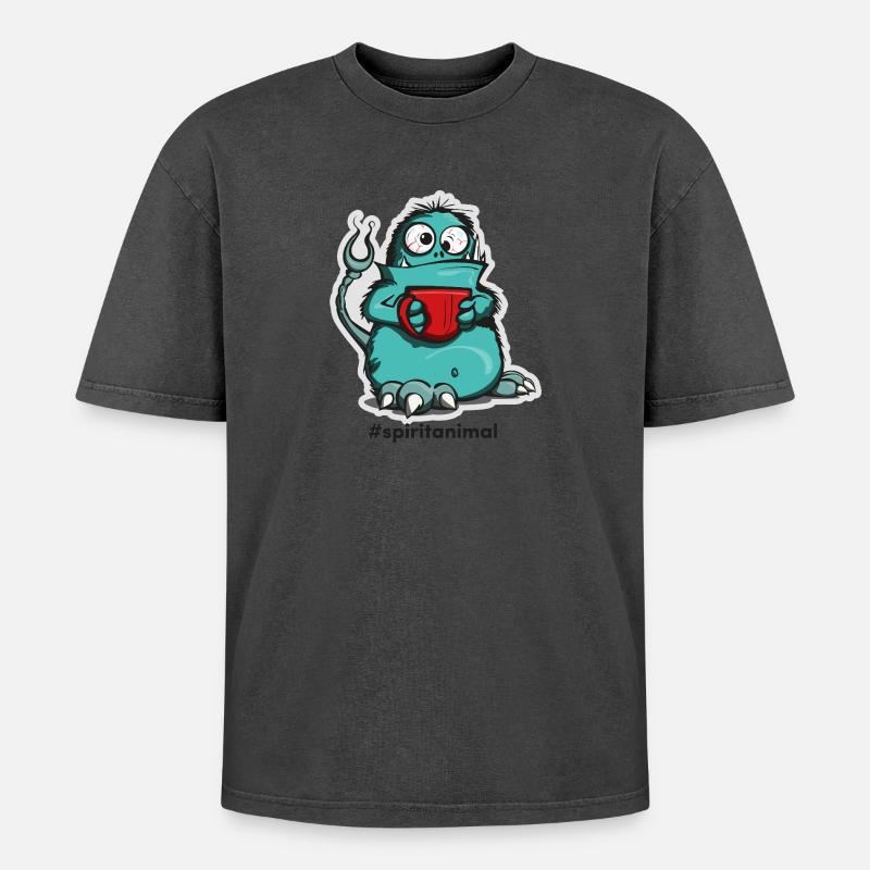Kaffee-Monster im Comic-Stil - Oversized Unisex Premium Acid-Washed T-Shirt - Schwarz Acid Wash