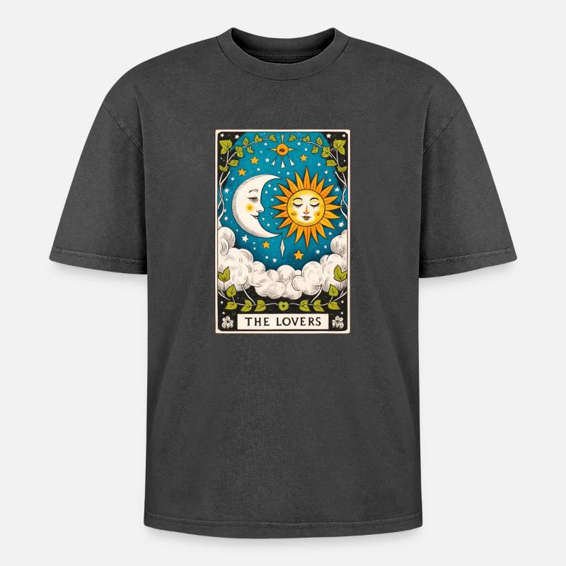 Lovers Tarot Sun Moon - Oversized Unisex Premium Acid-Washed T-Shirt - acid washed black