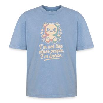 I'm Not Like Other People I'm Worse Frech Gothic - Oversized Unisex Premium Acid-Washed T-Shirt - acid washed blue - Front - AI Model Female 172 dark (172cm) & AI Model Male 185 dark (185cm)