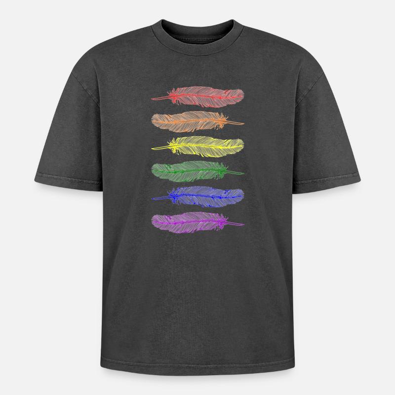 Feathers Rainbow - Oversized Unisex Premium Acid-Washed T-Shirt - acid washed black