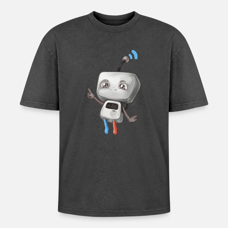 Kleiner Roboter - Oversized Unisex Premium Acid-Washed T-Shirt - Schwarz Acid Wash
