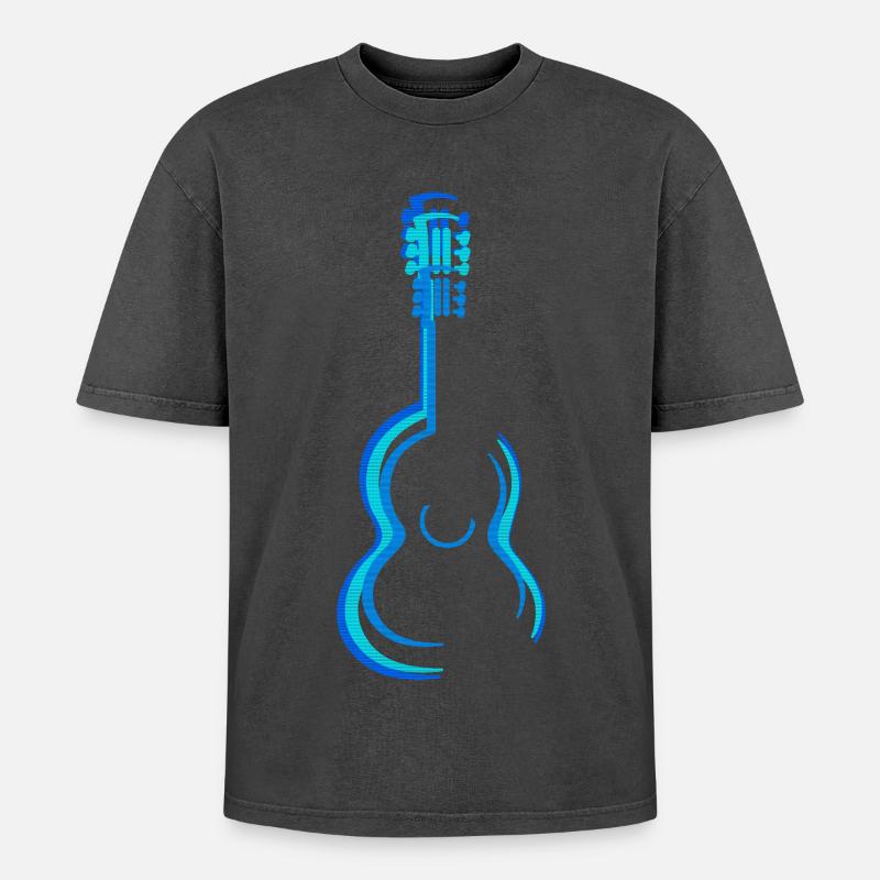 Blue Acoustic Classical Guitar Graphics - Oversized Unisex Premium Acid-Washed T-Shirt - acid washed black