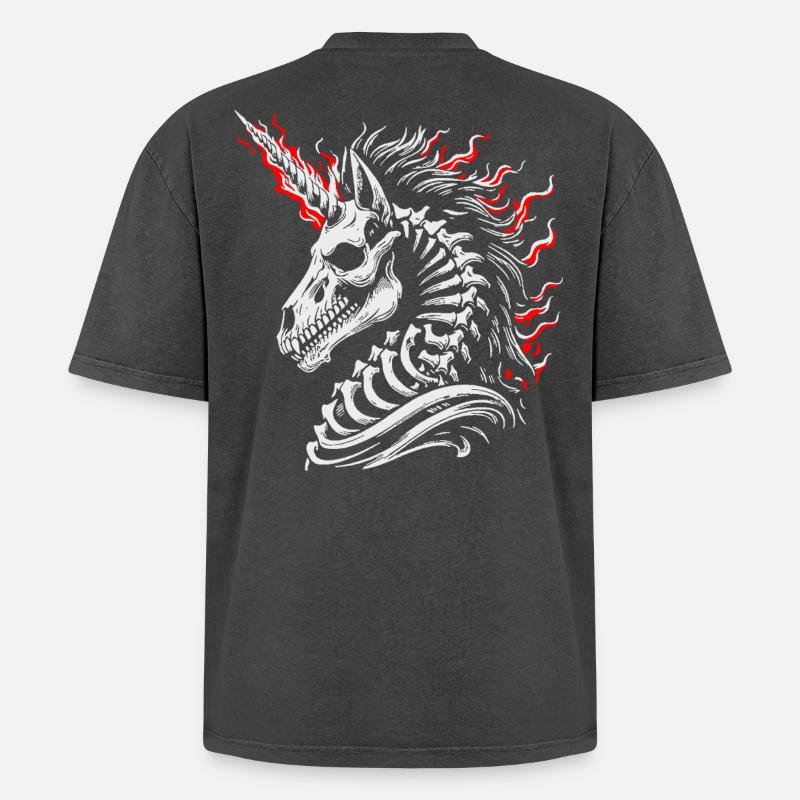 Flaming Skeleton Steed - Oversized Unisex Premium Acid-Washed T-Shirt - acid washed black