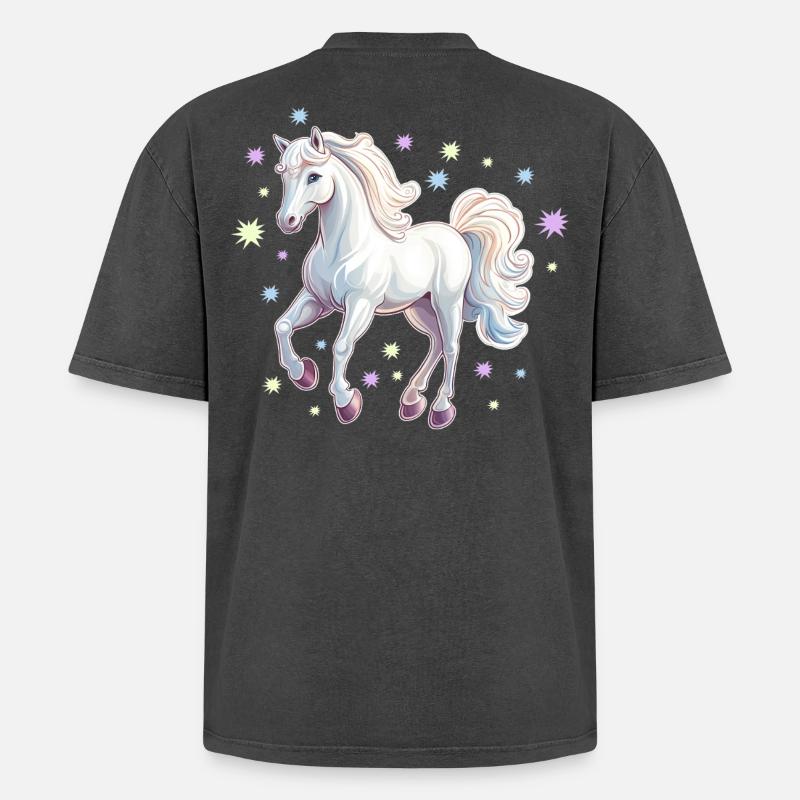Pferd mit Sternen - Oversized Unisex Premium Acid-Washed T-Shirt - Schwarz Acid Wash