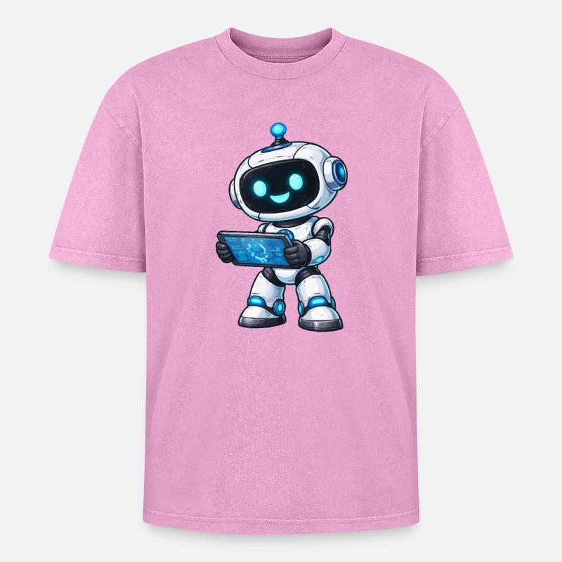 Kleiner Roboter mit Tablet - Oversized Unisex Premium Acid-Washed T-Shirt - Pink Acid Wash