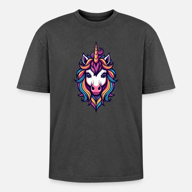 Regenbogen Einhorn Kopf - Oversized Unisex Premium Acid-Washed T-Shirt - undefined