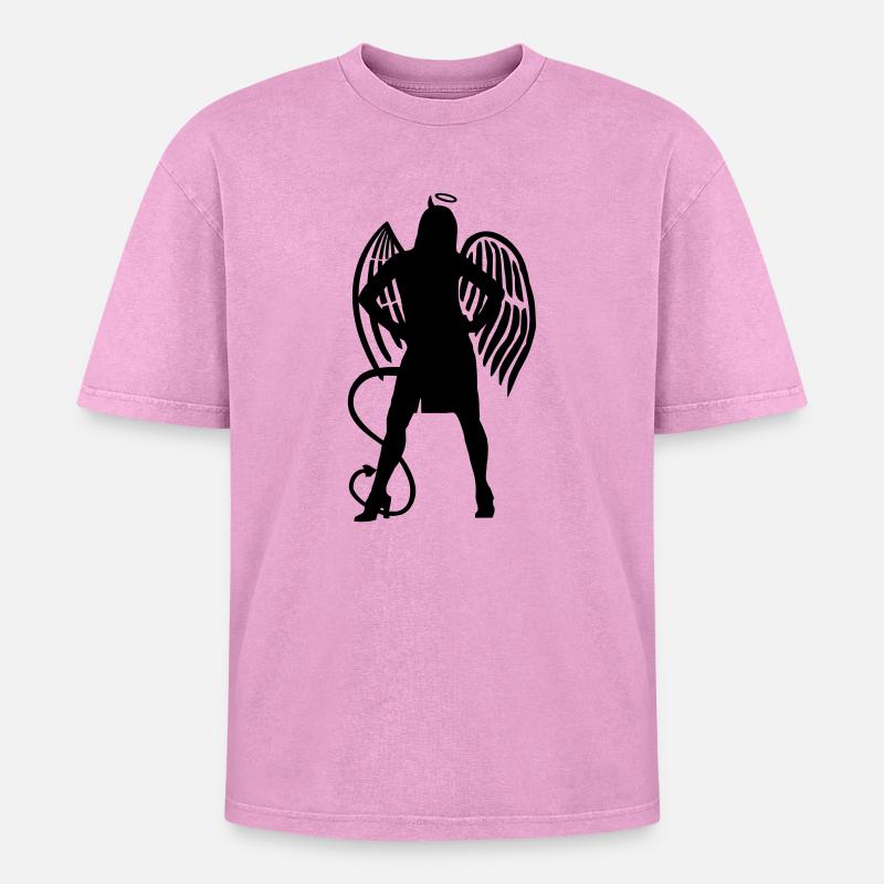 Angel Devil - Oversized Unisex Premium Acid-Washed T-Shirt - acid washed pink