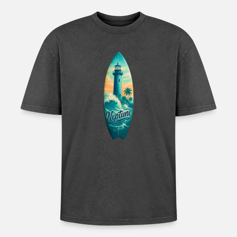 Neptune Lighthouse Surfbrett - Oversized Unisex Premium Acid-Washed T-Shirt - undefined