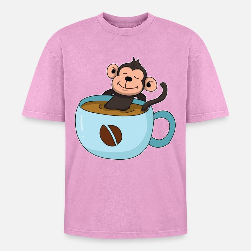 Kaffee-Äffchen - Oversized Unisex Premium Acid-Washed T-Shirt - Pink Acid Wash