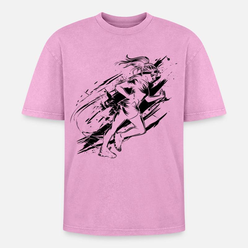 Runner Drawing - Oversized Unisex Premium Acid-Washed T-Shirt - acid washed pink