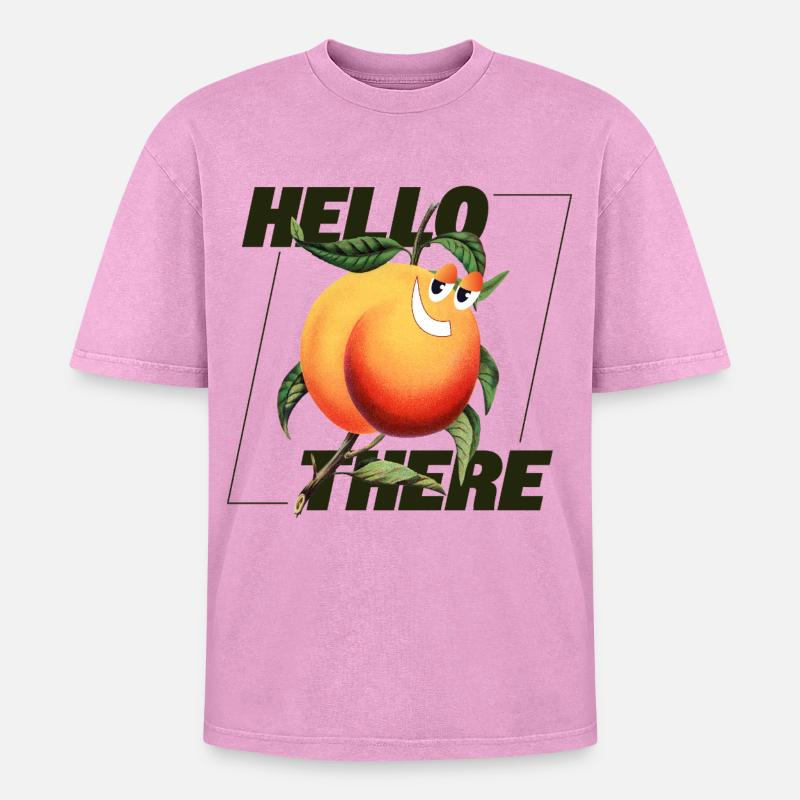 Peach Retro – Hello There Statement - Oversized Unisex Premium Acid-Washed T-Shirt - acid washed pink