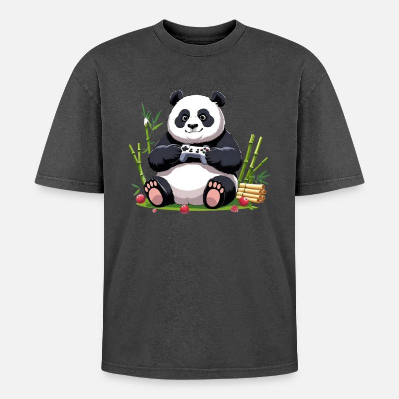 Niedlicher Panda mit Gaming-Controller - Oversized Unisex Premium Acid-Washed T-Shirt - Pink Acid Wash
