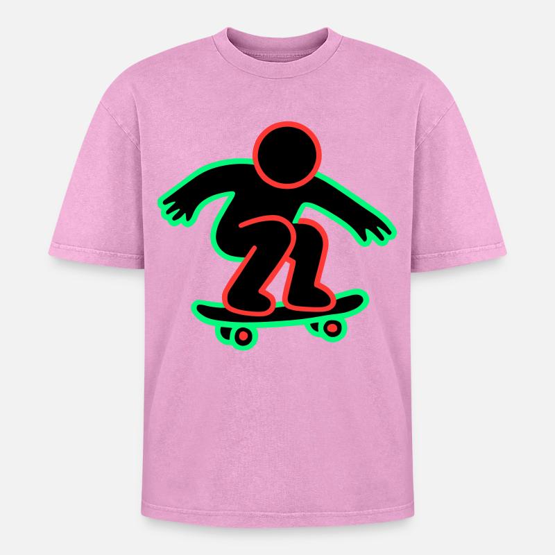 Dessin au trait de skateboarder néon - T-shirt Premium unisexe oversize acid-washed - rose délavé acide