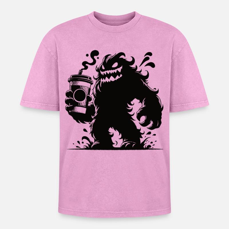Lustiges Kaffeemonster Comic Design - Oversized Unisex Premium Acid-Washed T-Shirt - Pink Acid Wash