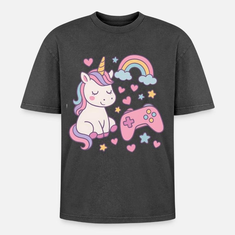 Super süßes Einhorn mit Gaming-Feeling - Oversized Unisex Premium Acid-Washed T-Shirt - undefined