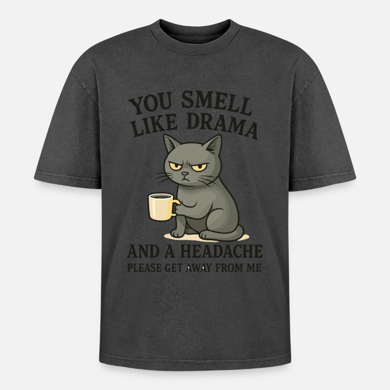 Grimmige Katze mit Kaffee Spruch - Oversized Unisex Premium Acid-Washed T-Shirt - Pink Acid Wash