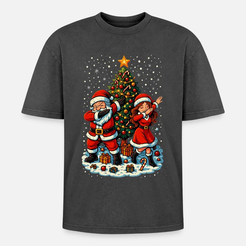 Dabbing Père Noël et Mère Noël devant le sapin de Noël - T-shirt Premium unisexe oversize acid-washed - 