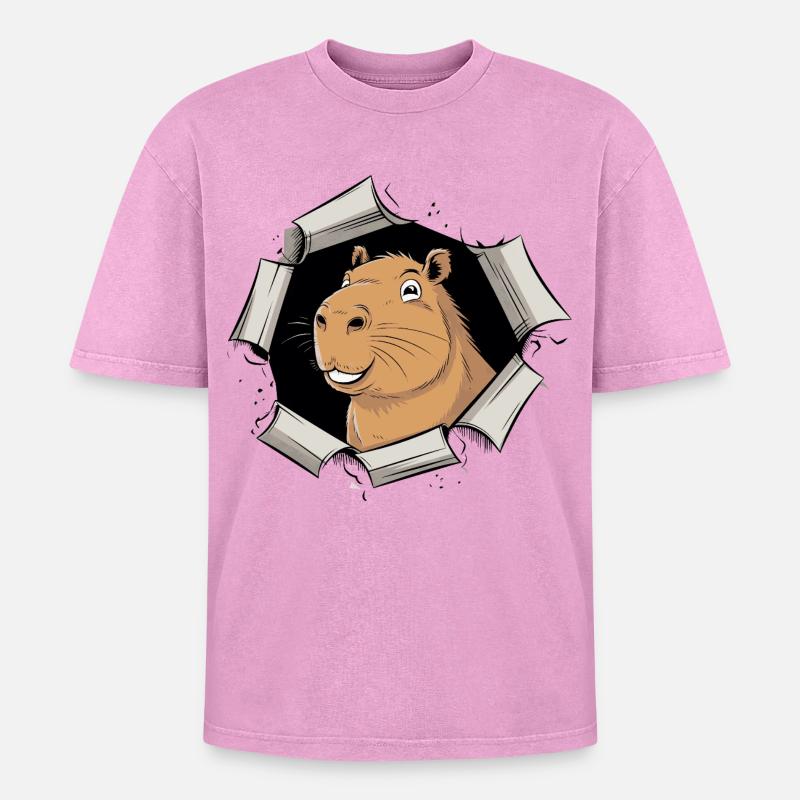 Capybara Comic – Peaceful Breakthrough - Oversized Unisex Premium Acid-Washed T-Shirt - acid washed pink