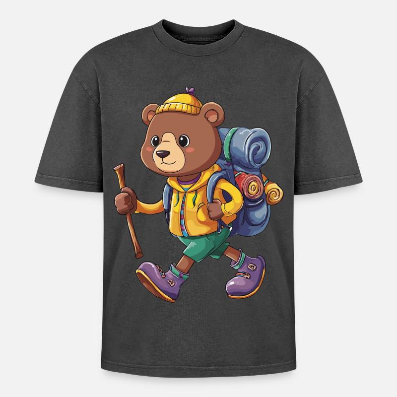 Cute Bear Hiking Camping Adventure Backpacker - Oversized Unisex Premium Acid-Washed T-Shirt - undefined