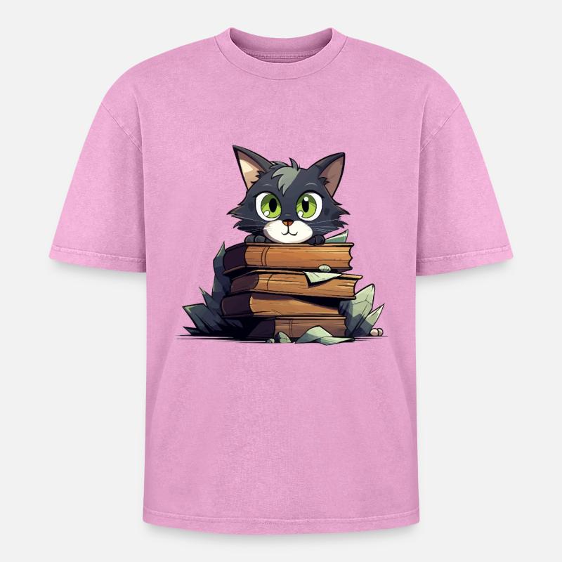 Cat Book Stack - Oversized Unisex Premium Acid-Washed T-Shirt - acid washed pink