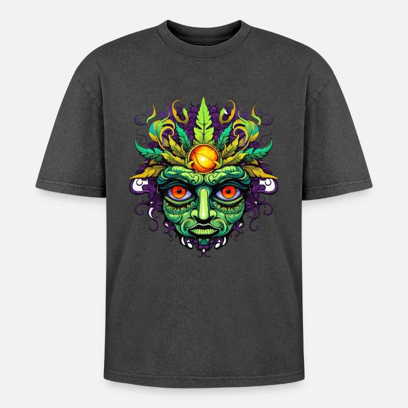 Psychedelic Mask Face with Sun Crown - Oversized Unisex Premium Acid-Washed T-Shirt - undefined