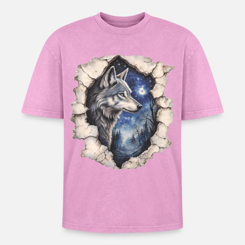 Wolf mit Sternenhimmel - Oversized Unisex Premium Acid-Washed T-Shirt - Pink Acid Wash