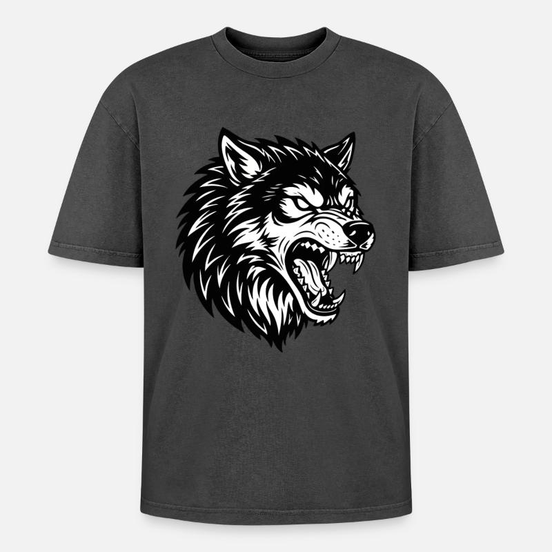 Wolf Schwarz-Weiß Wolf Alpha Maskottchen-Logo - Oversized Unisex Premium Acid-Washed T-Shirt - undefined