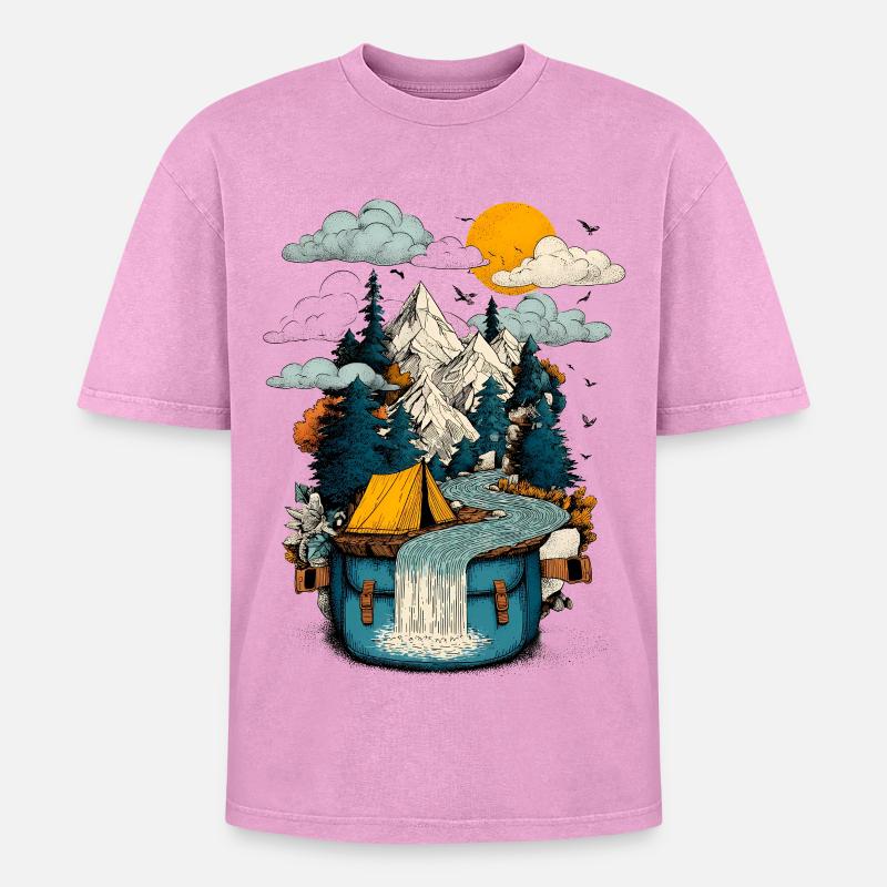 Mountain Lake Path - Camping Backpacker Motif - Oversized Unisex Premium Acid-Washed T-Shirt - acid washed pink