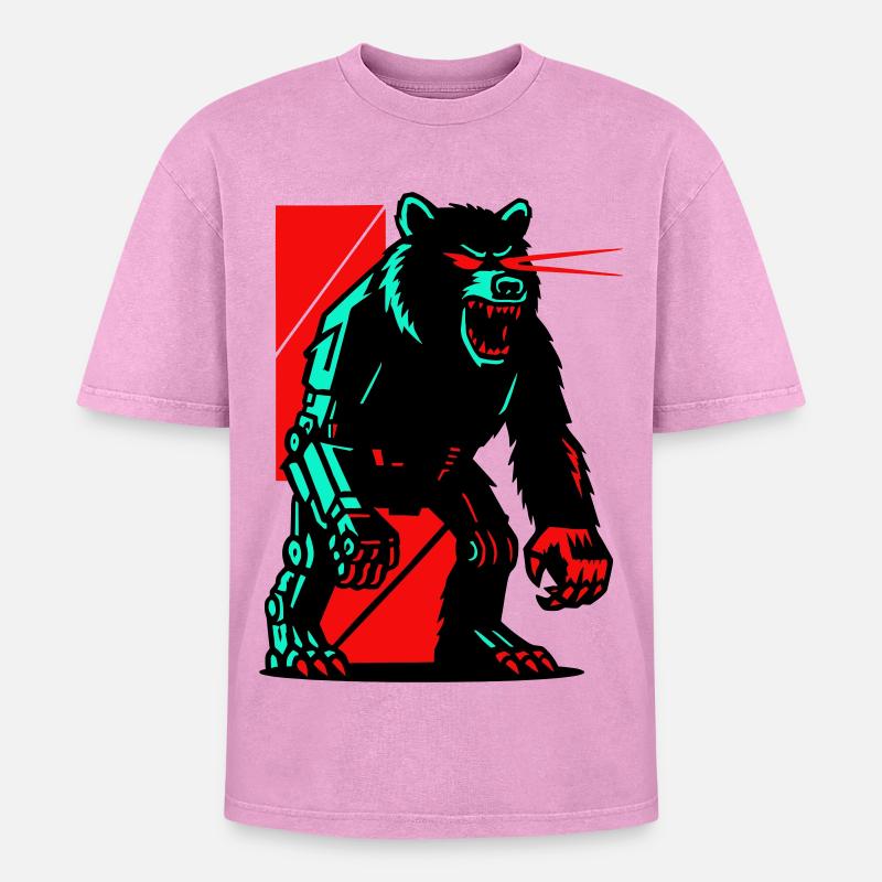 Mecha Techno Bear - Oversized Unisex Premium Acid-Washed T-Shirt - acid washed pink