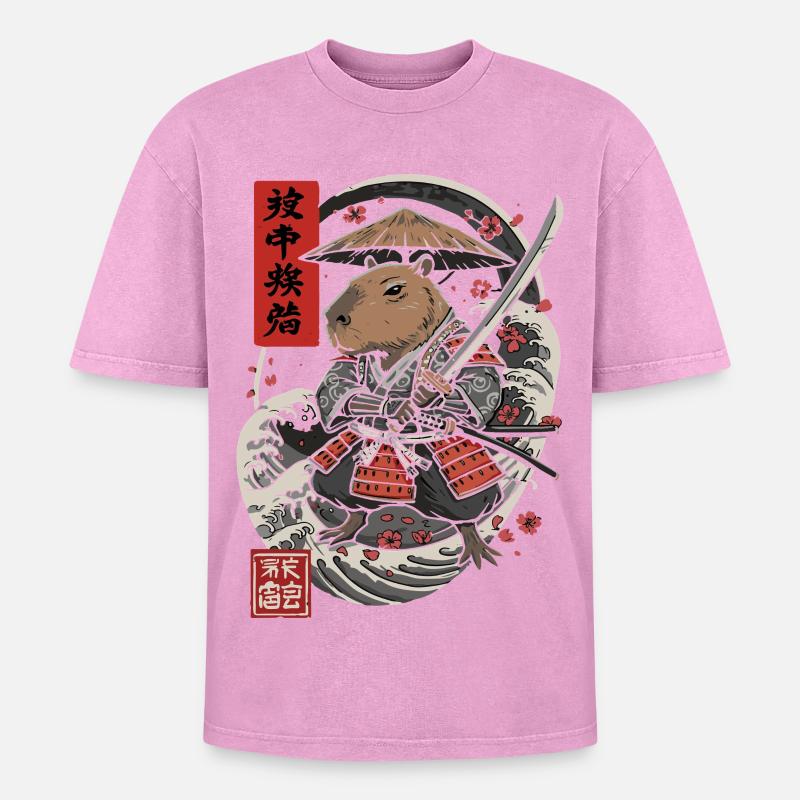 Samurai Capybara Combat Illustration - Oversized Unisex Premium Acid-Washed T-Shirt - acid washed pink