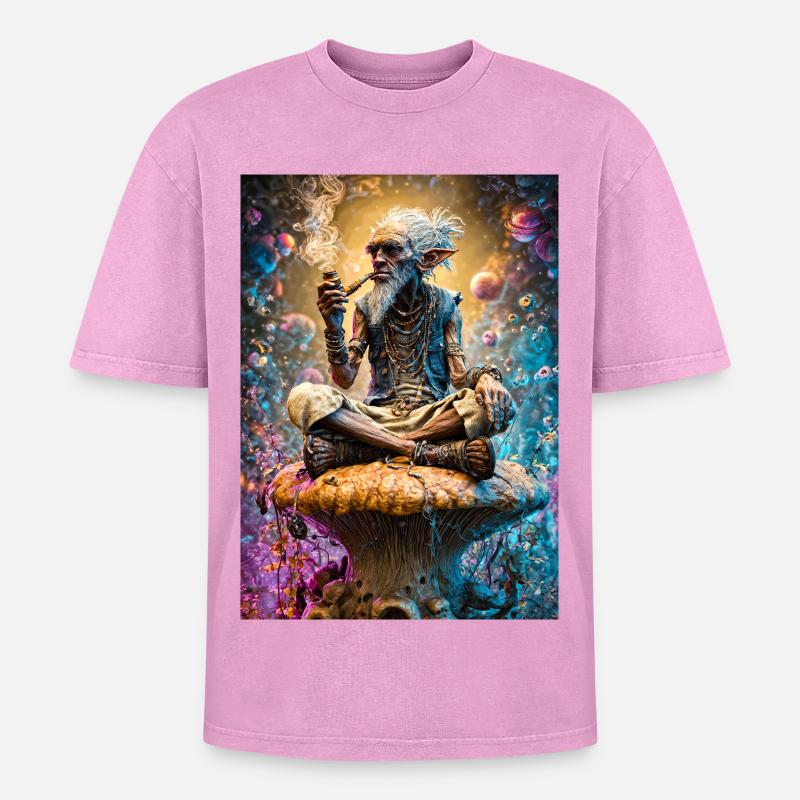 Psychedelic Goblin Sage on Mushroom - Oversized Unisex Premium Acid-Washed T-Shirt - acid washed pink